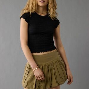 American Eagle Black Smocked Hey Baby Tee Short Sleeve Top